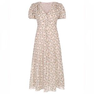 BOTROIS Floral Midi Dress – Puff Sleeves, V-Neck, 80% Viscose, size Small